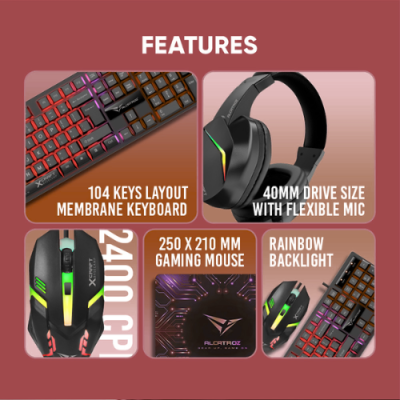 Alcatroz X-Craft Basecamp 4-in-1 Gaming Combo | Keyboard, Mouse, Headset & Mat